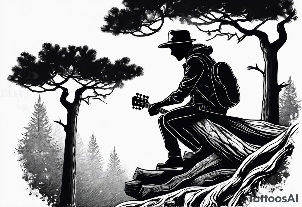 silhouette of a man sitting on a pine tree branch, playing electric guitar tattoo idea
