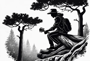 silhouette of a man sitting on a pine tree branch, playing electric guitar tattoo idea
