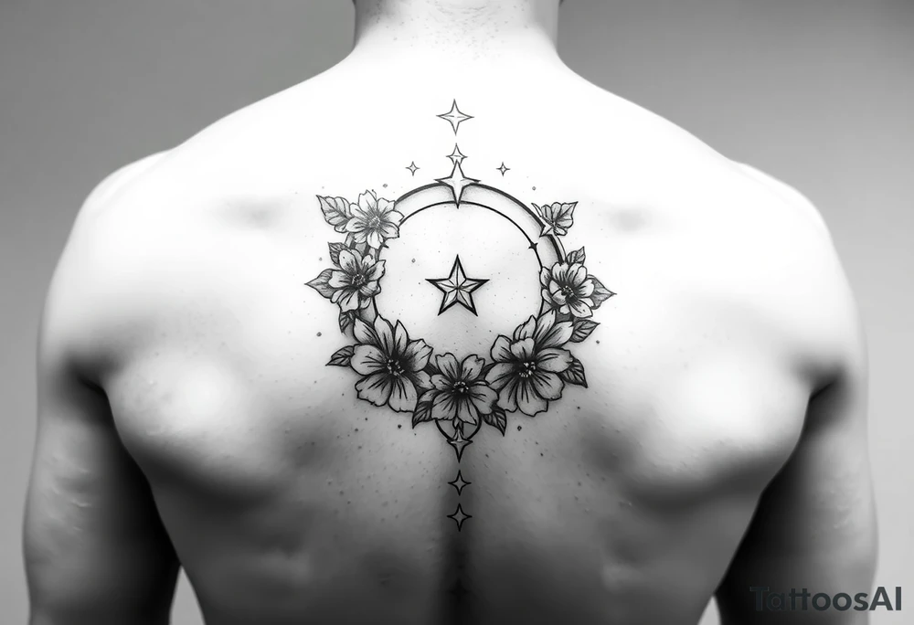 Flower sleeve surrounded by moon and star design for arm tattoo idea