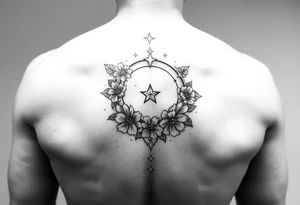 Flower sleeve surrounded by moon and star design for arm tattoo idea