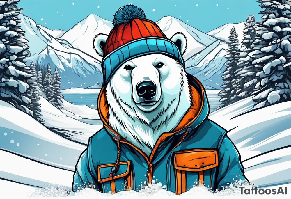 Polar bear standing up wearing a winter hat and snow goggles tattoo idea
