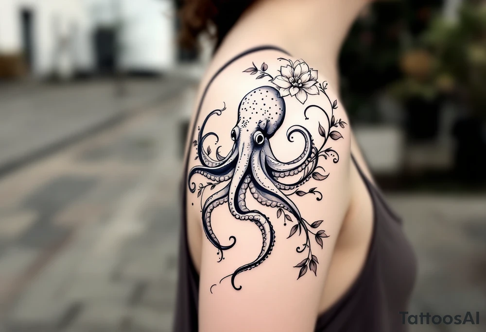 A unique, seamless tattoo composition combining marine and botanical elements. A small, realistic octopus with detailed linework and smooth black-and-grey shading is integrated into an elegant floral vine. The octopus’ tentacles flow naturally and intertwine with thin black swirling lines and soft, semi-transparent brown leaves that wrap around the upper arm and shoulder. On the shoulder, a delicate mandala-style flower blooms, with dotwork and ornamental flourishes that radiate outward.
The overall style is fine-line, minimalistic, and organic — blending the lifelike texture of the octopus with the graceful rhythm of the botanical flow. Feminine, artistic, and slightly surreal, as if the octopus is part of the natural growth of the vines. Design is intended for placement on the upper arm and shoulder, curving naturally with the body. tattoo idea