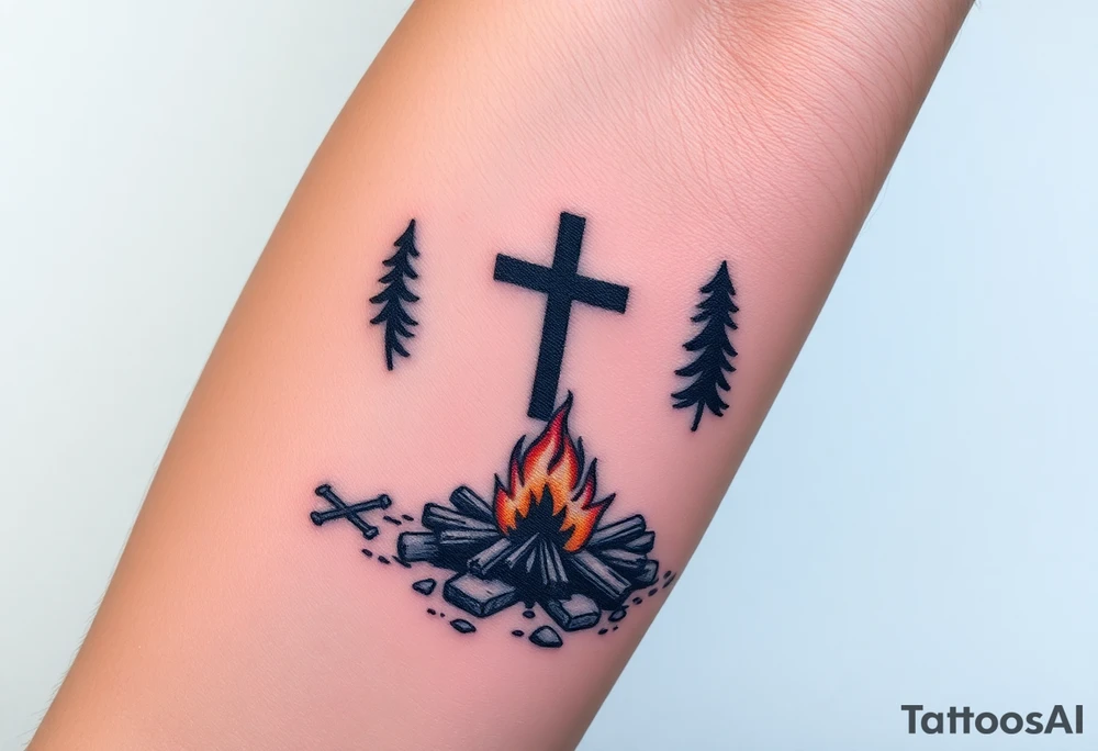 Campsite with a campfire with a cross tattoo idea