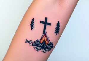 Campsite with a campfire with a cross tattoo idea