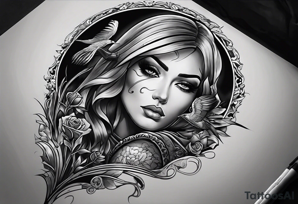 In the reflection of a eye two black siloets of people holding guns one man dead on the ground with a wounded woman standing behind him tattoo idea