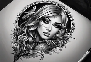 In the reflection of a eye two black siloets of people holding guns one man dead on the ground with a wounded woman standing behind him tattoo idea