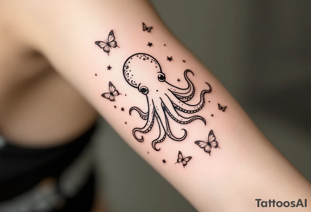 cute octopus, friendly, surrounded by butterflies and oceanic items, brown ink tattoo idea