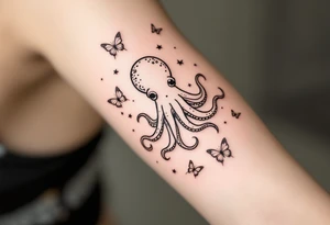 cute octopus, friendly, surrounded by butterflies and oceanic items, brown ink tattoo idea