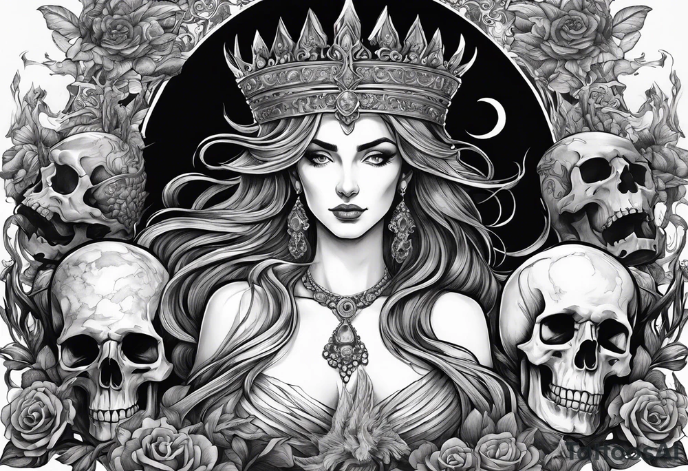 Hades wearing a black crown and Persephone in Hell surrounded by skulls and fire tattoo idea