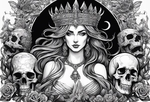 Hades wearing a black crown and Persephone in Hell surrounded by skulls and fire tattoo idea