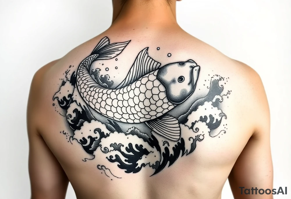 traditional koi fish swimming upstream through turbulent waves tattoo idea