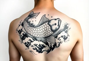 traditional koi fish swimming upstream through turbulent waves tattoo idea