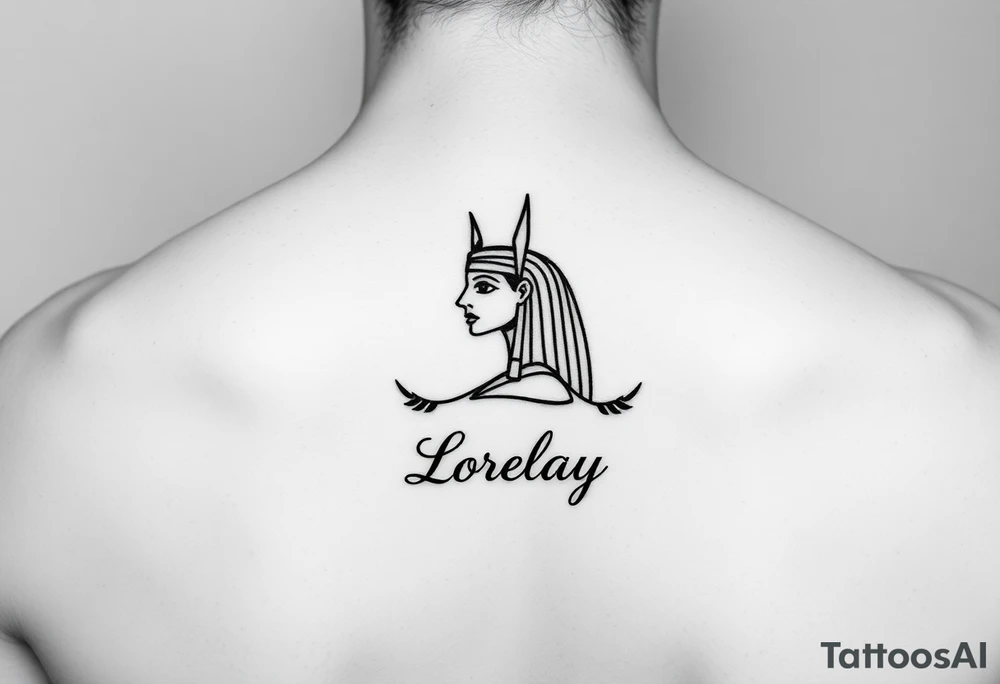 Créame un diseño en miniatura para el bíceps de un personaje principal chica 
de la cultura de egipcia con el nombre de lorelay escrito por debajo del diseño tattoo idea