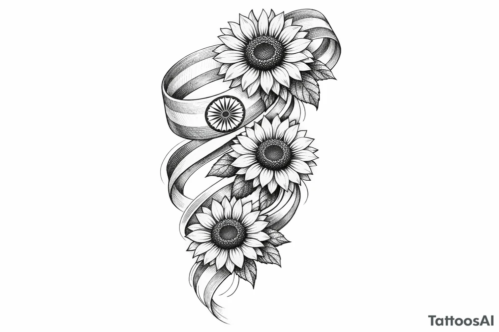 Indian ribbon with 3 cascading sunflowers tattoo idea