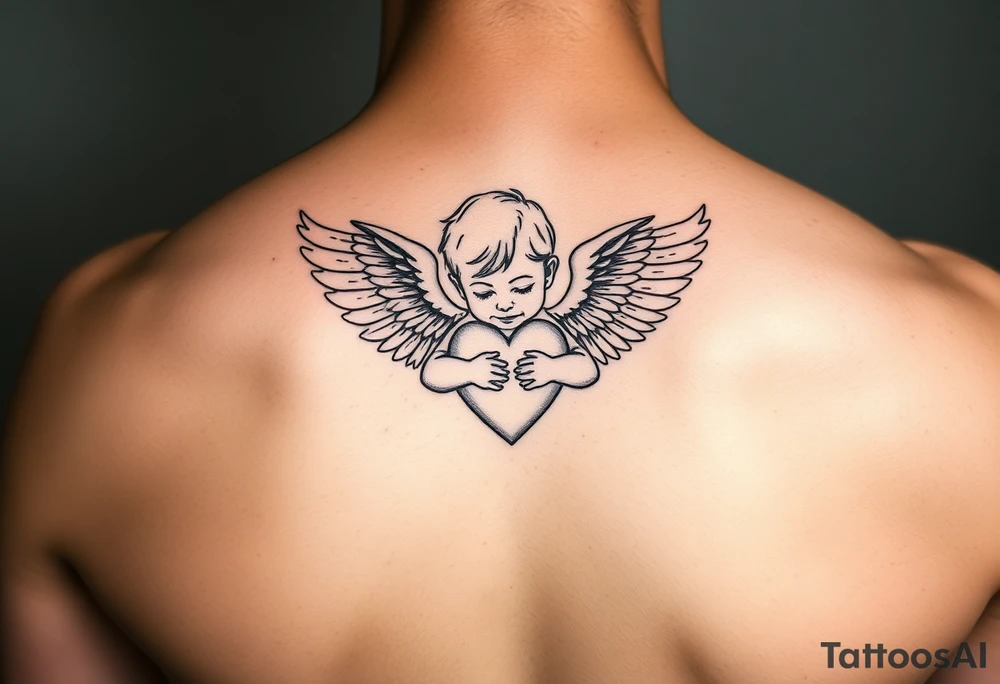 a child with wings hugging a heart sketch with minimal line work tattoo idea