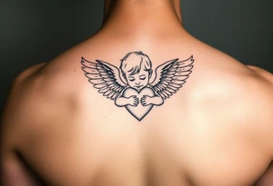 a child with wings hugging a heart sketch with minimal line work tattoo idea