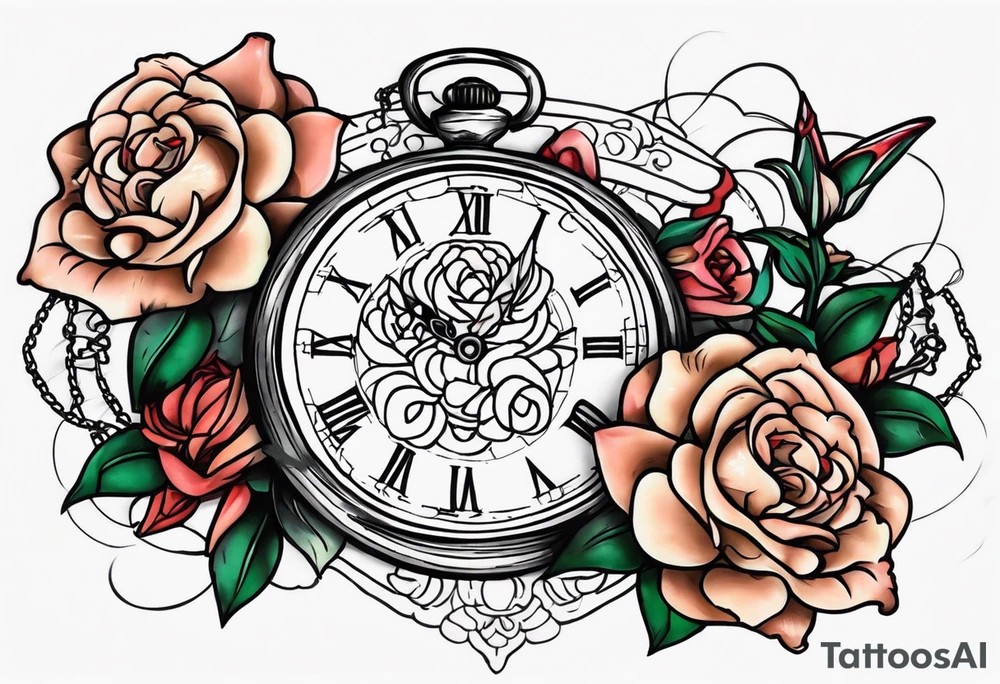 Two pocket watches linked together by a chain spelling "Lyv". Roses and lilies in the background tattoo idea