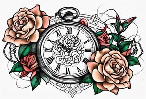 Two pocket watches linked together by a chain spelling "Lyv". Roses and lilies in the background tattoo idea