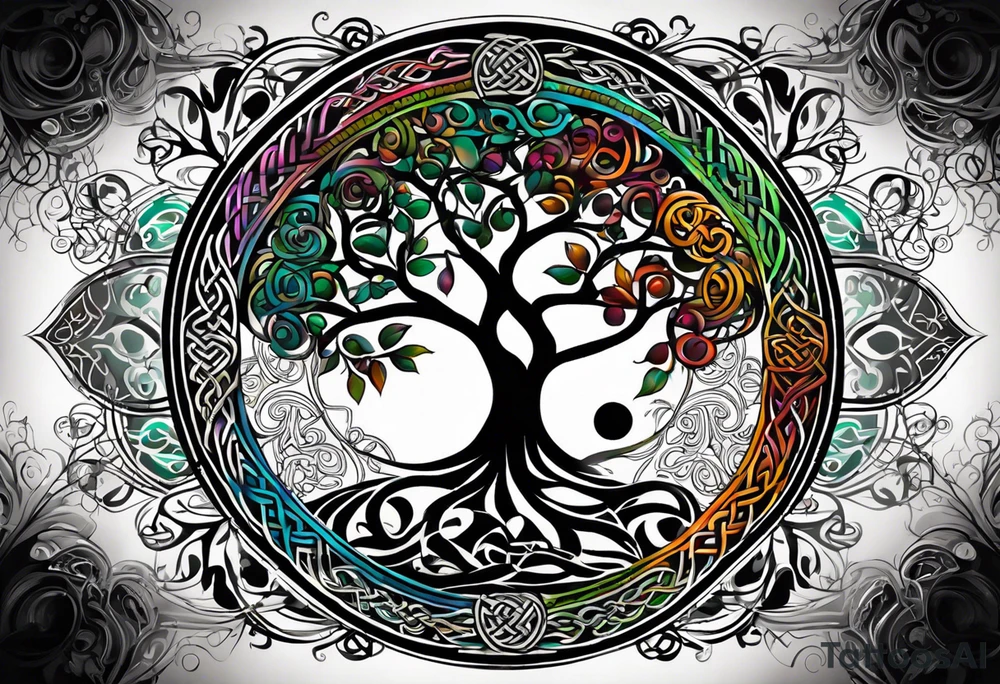 Design a tattoo that combines a Celtic tree of life, with mandala patterns. The leaves of the tree also follow a mandala pattern. The colours of the patterns and tree form an abstract yin-yang. The upper part of the tree has white background and is dark/black and the bottom part has dark background while the tree and patterns are white, making it look like a yin-yang. The two circles of the yin-yang are leaves of the tree and represent lotus flowers. tattoo idea
