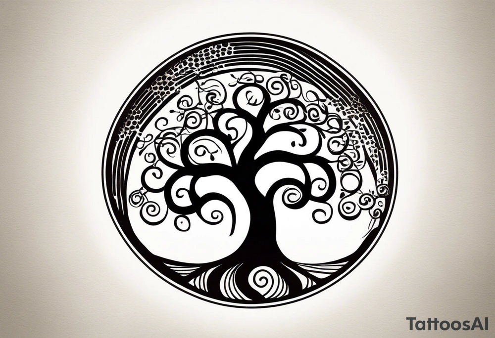 an abstract Tree of Life tattoo. It should have roots growing out of the bottom. The roots slowly turn into water from the Great Wave by Hokusai. A golf flag should be placed discreetly growing out of the ground. 2 license plate tags should be hanging from the tree. Place a few music notes in the areas the leaves should be. The letters A U should be engraved into the tree trunk in a heart. tattoo idea