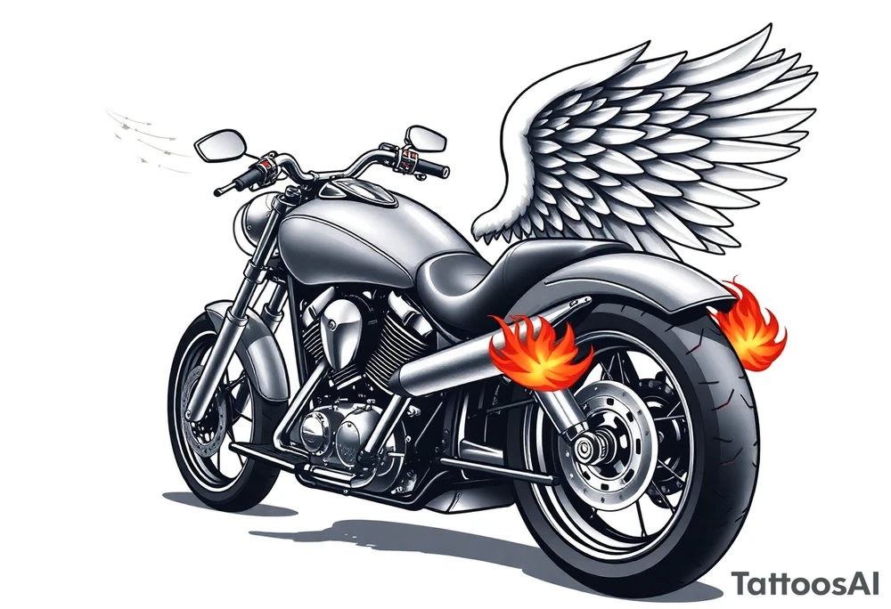 Low rider grey motorcycle, big muffler pipes with flames, angel wings, driving away, no person tattoo idea