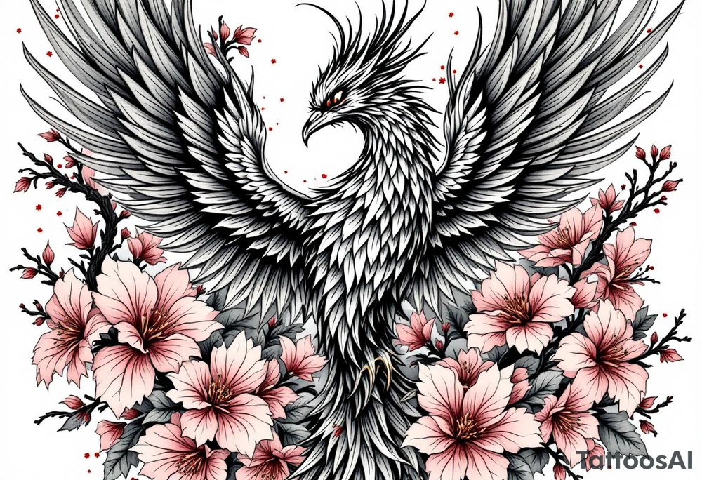 powerful japanese phoenix surrounded by maple leaf and cherry blossom tattoo idea