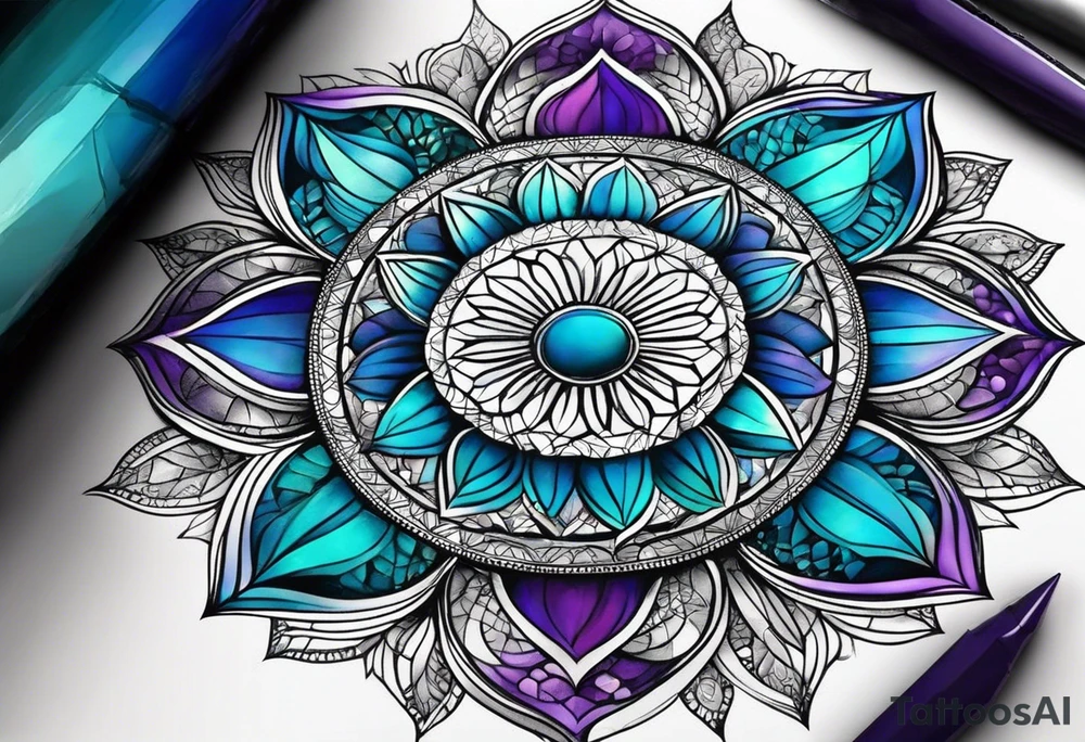 Relógio de areia com detalhes geométricos e uma areia colorida em tons degradê de azul, turquesa e violeta tattoo idea