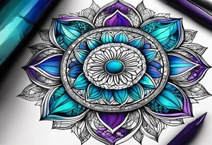 Relógio de areia com detalhes geométricos e uma areia colorida em tons degradê de azul, turquesa e violeta tattoo idea