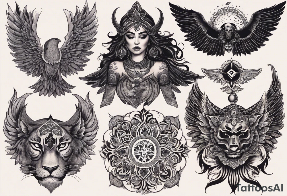 black kali, goddess pirate, alien, angel, pachamama, valkrye, warrior, flying, skull, lotus azul, wing, eagle, zenza resonance, stars, 5D, anahata chakra, death, durga, riding on a tiger, flying lady, kundalini, chest tatoo tattoo idea