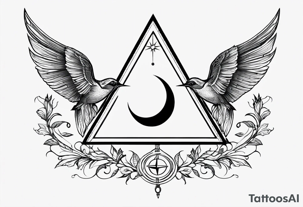 Two triangles with one unclosed, crescent moon, compass, swallows tattoo idea Two triangles with one unclosed, crescent moon, compass, swallows tattoo idea
