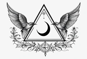 Two triangles with one unclosed, crescent moon, compass, swallows tattoo idea