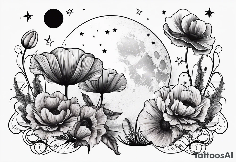 spine tattoo with stars, moon, clouds, poppy tattoo idea spine tattoo with stars, moon, clouds, poppy tattoo idea