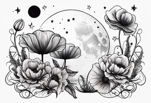 spine tattoo with stars, moon, clouds, poppy tattoo idea