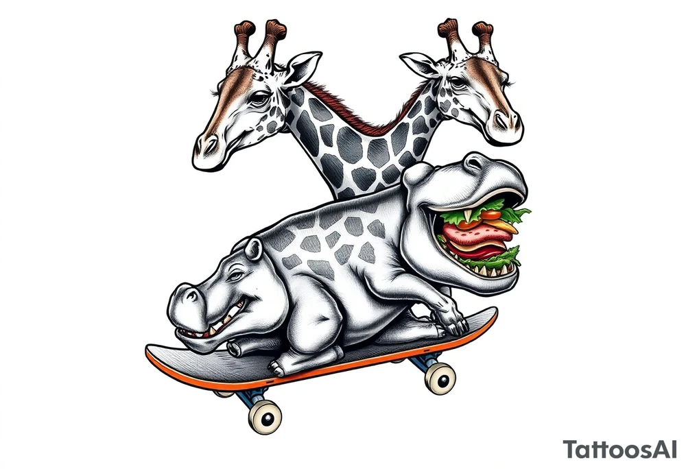 Majestic giraffe riding a skateboard and eating a hippo sandwich tattoo idea