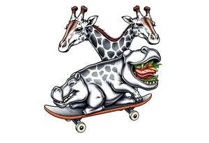 Majestic giraffe riding a skateboard and eating a hippo sandwich tattoo idea
