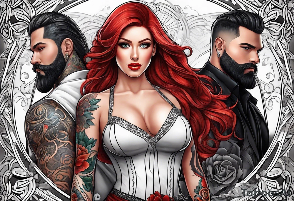 Busty red haired woman with a bearded man who has black hair tattoo idea