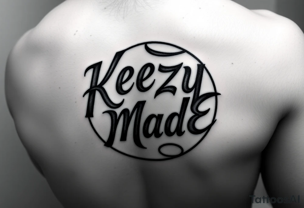 Just the lettering nothing around background or addons fancy but rugged twisted and intertwined circular arched curvy lettering in a circular  that would be clothing brand style that says (KeezY MadE) tattoo idea