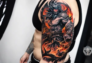 Backout tattoo of Hades fighting demons half-sleeve tattoo idea