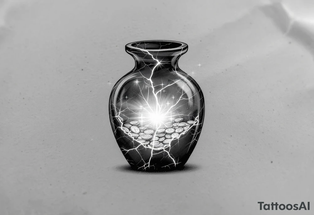 A black and white tattoo that captures both the fragility of the jar and the treasure inside can be incredibly symbolic. Here’s a refined concept that integrates both elements:

Cracked Jar with Glowing Treasure Inside:
- The Jar: The main design can be a clay jar, slightly cracked, representing human fragility.
- The Cracks: From the cracks in the jar, light pours out—symbolizing the divine treasure (God’s power) within. You can emphasize the cracks with golden lines (like kintsugi) to show that even in brokenness, there is beauty.
- The Treasure: Inside the jar, you could depict glowing treasures, such as gold coins, a radiant heart, or even spiritual symbols like a cross, a dove, or a light-filled crown. The treasure doesn’t have to be too literal—just enough to show that what’s inside is precious and divine.

### Additional Elements:
- Hands Holding the Jar: To further emphasize fragility and care, you could add divine or human hands gently holding the jar, symbolizing protection despite its weakness.
- Scriptural Reference: Around or beneath the jar, you could include "2 Corinthians 4:7" in a graceful script to anchor the design in its biblical meaning.
  
This concept unites the theme of human fragility and God's power, using the cracked jar as the vessel that reveals the treasure within. tattoo idea