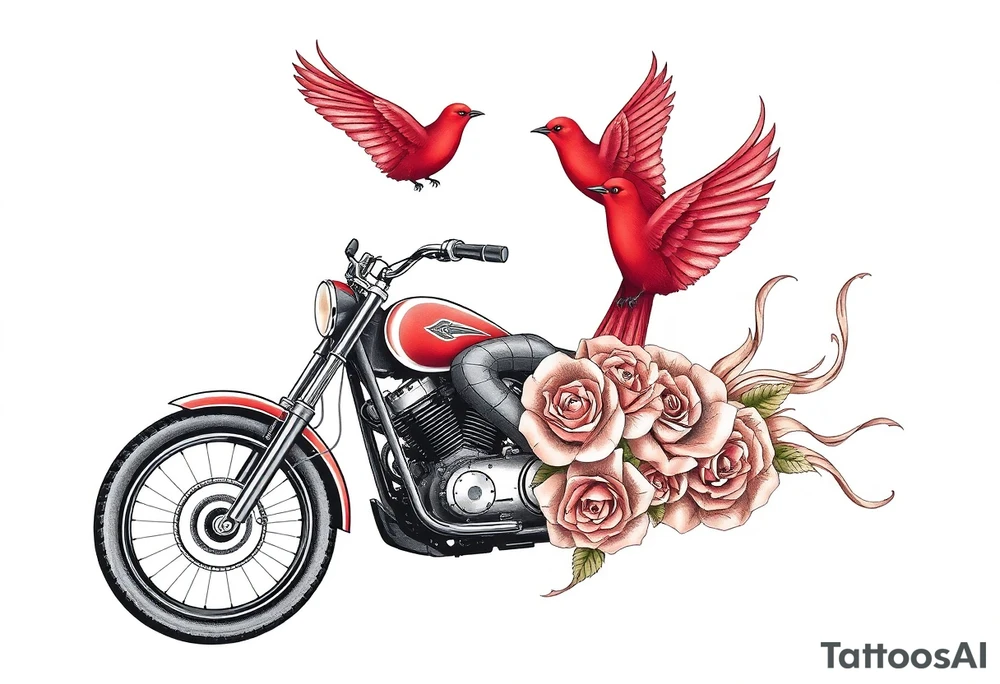 Motorcycle driving away, two red birds flying, roses and lace, flames tattoo idea