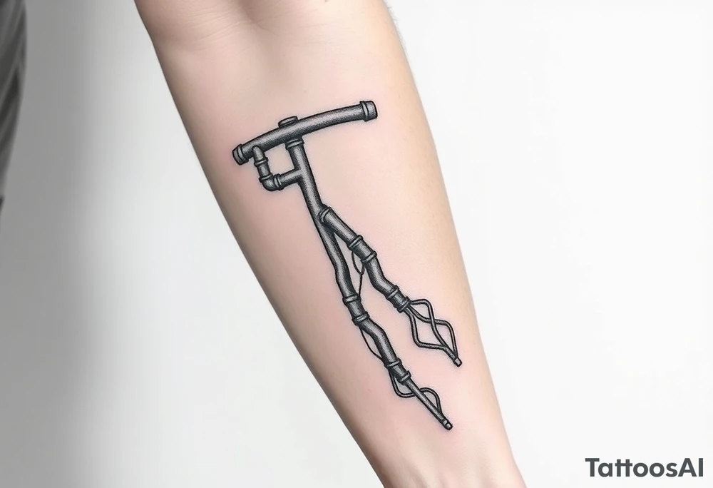 Top pipe starts closer to the elbow, long System of pipes that transitions and transforms into veins of forearm tattoo idea