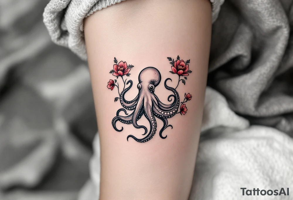 A small realistic black and grey tattoo of an octopus, cute, with detailed shading and soft linework, showing the octopus with swirling tentacles, on light skin. ornamental flowers around with red ink. The style is minimalistic and elegant, resembling fine-line tattoo with a shadow tattoo idea