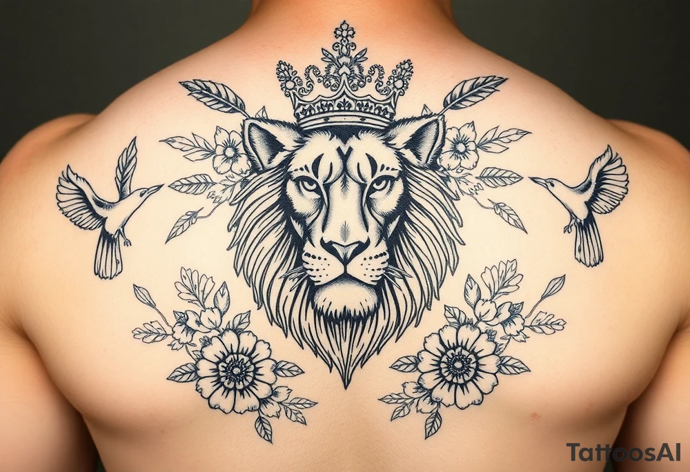 powerful majestic lion with a crown, surrounded by floral ornaments and birds tattoo idea