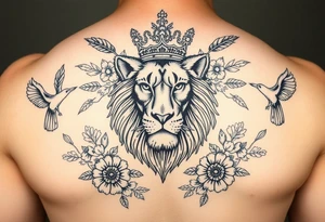 powerful majestic lion with a crown, surrounded by floral ornaments and birds tattoo idea