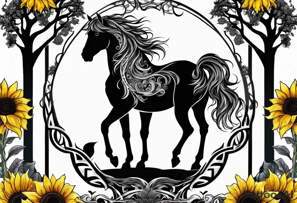Yggdrasil tree, horse in front of it, and sunflowers tattoo idea