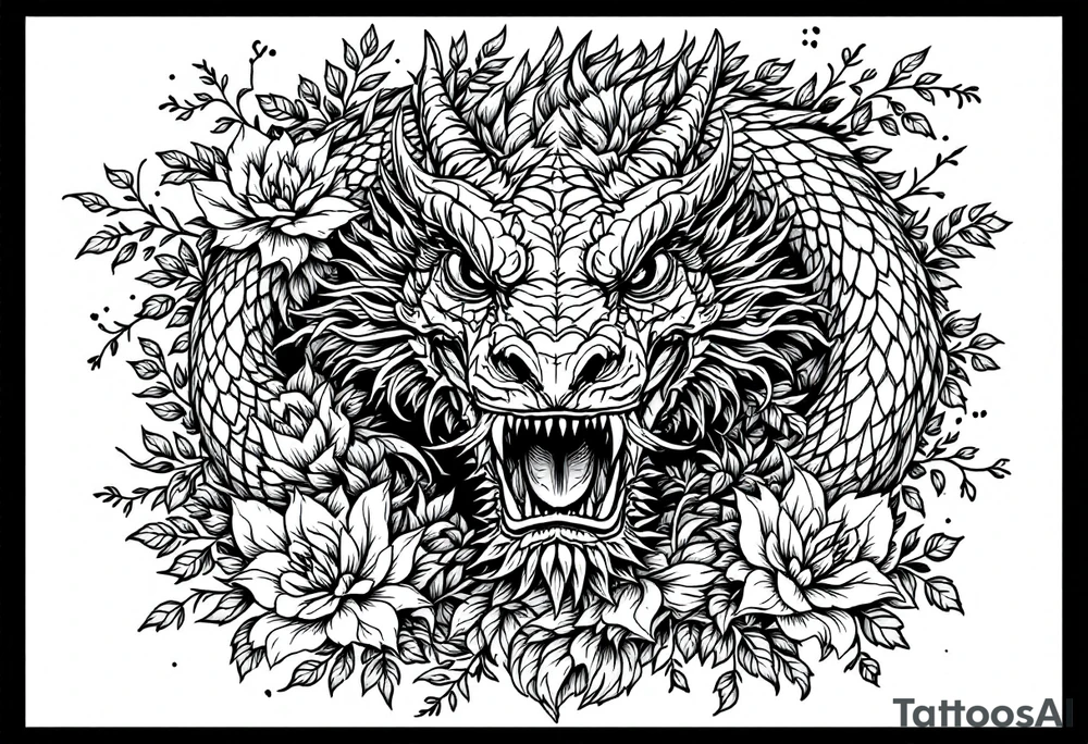 powerful majestic reptile, surrounded by floral ornaments tattoo idea