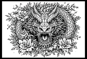 powerful majestic reptile, surrounded by floral ornaments tattoo idea