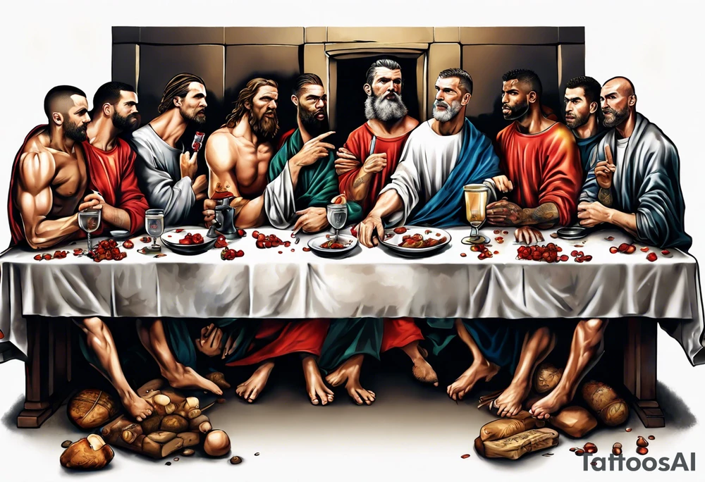 Rooney, Ronaldo, Best, Charlton, Cantona and Rashford at the Last Supper tattoo idea