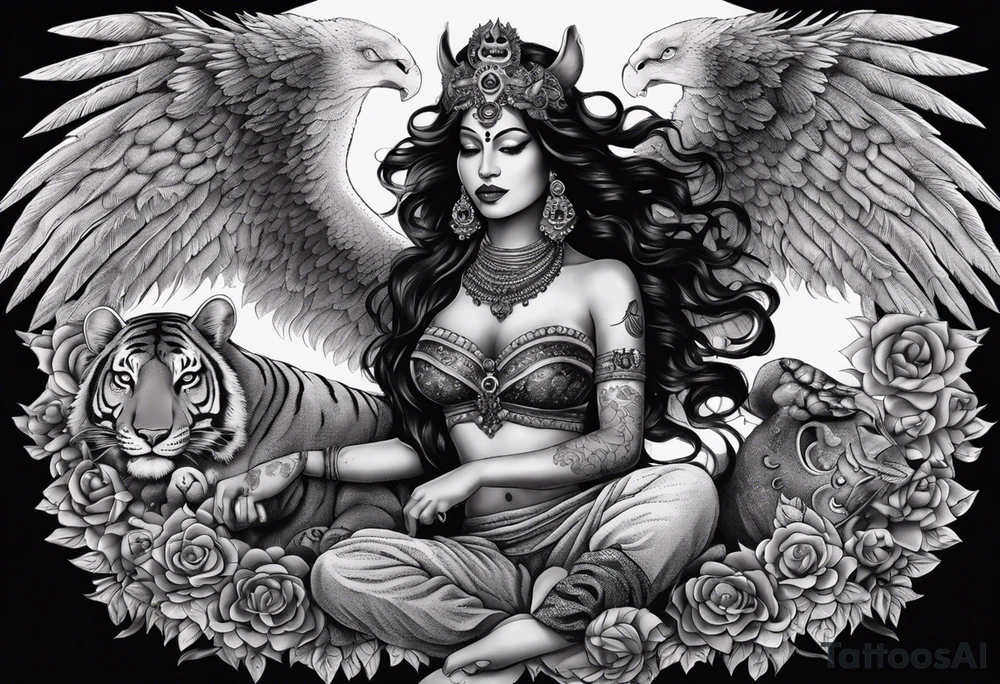black kali, goddess pirate, alien, angel, pachamama, valkrye, warrior, flying, skull, lotus azul, wing, eagle, zenza resonance, stars, 5D, anahata chakra, death, durga, riding on a tiger, flying lady, kundalini, chest tatoo, samuri, rebel tattoo idea
