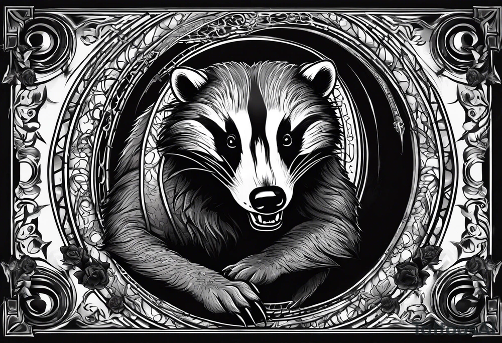 Draw me psychopath badger with aggressive full body, killer face with a smile, very long nails and he attacks like a Bloody Gladiator to us and also, he has very deadly looking. He fights with his nails. Everybody scares after their first sight. Give me horror type Badger Tattoo. tattoo idea